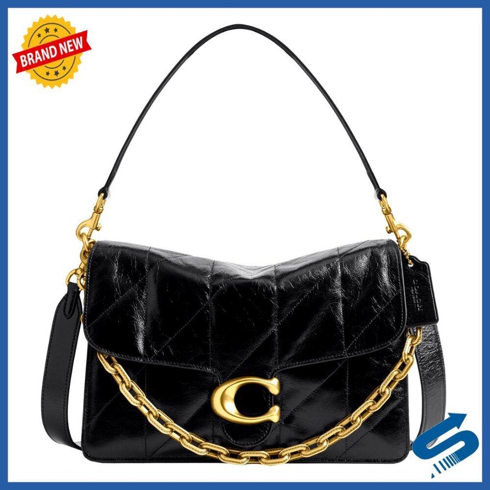 Quilted Leather Shoulder Bag with Chain Strap, Fits iPad